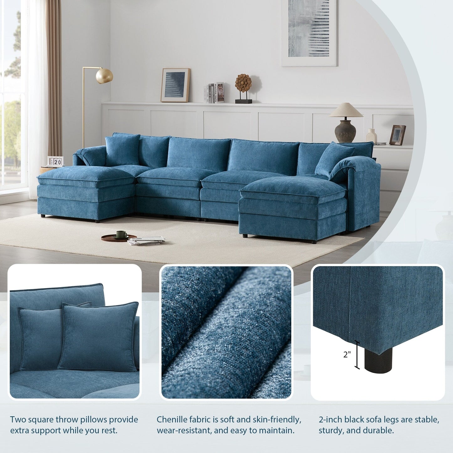 Chenille Modular Sectional Sofa,U Shaped Cloud Couch Set With Double Cushions,6 Seat Sofa With Movable Ottomans