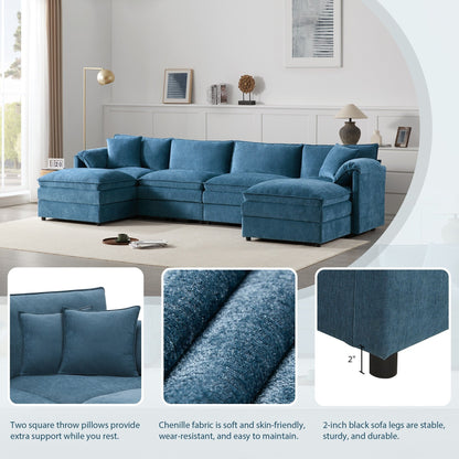 Chenille Modular Sectional Sofa,U Shaped Cloud Couch Set With Double Cushions,6 Seat Sofa With Movable Ottomans
