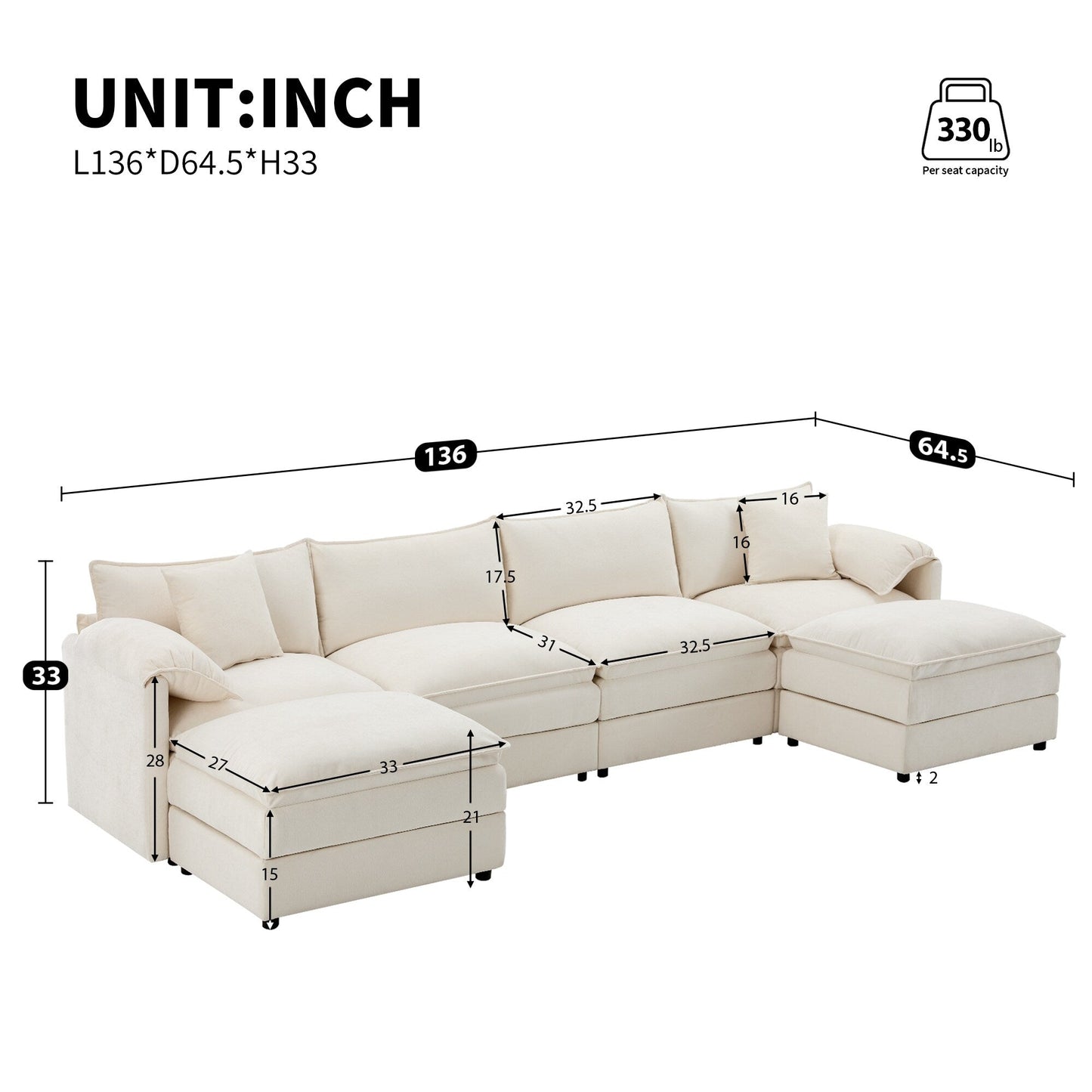 Chenille Modular Sectional Sofa,U Shaped Cloud Couch Set With Double Cushions,6 Seat Sofa With Movable Ottomans