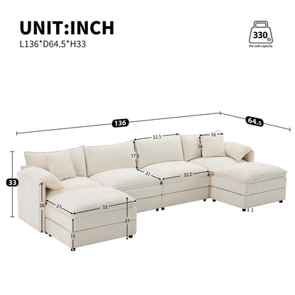 Chenille Modular Sectional Sofa,U Shaped Cloud Couch Set With Double Cushions,6 Seat Sofa With Movable Ottomans