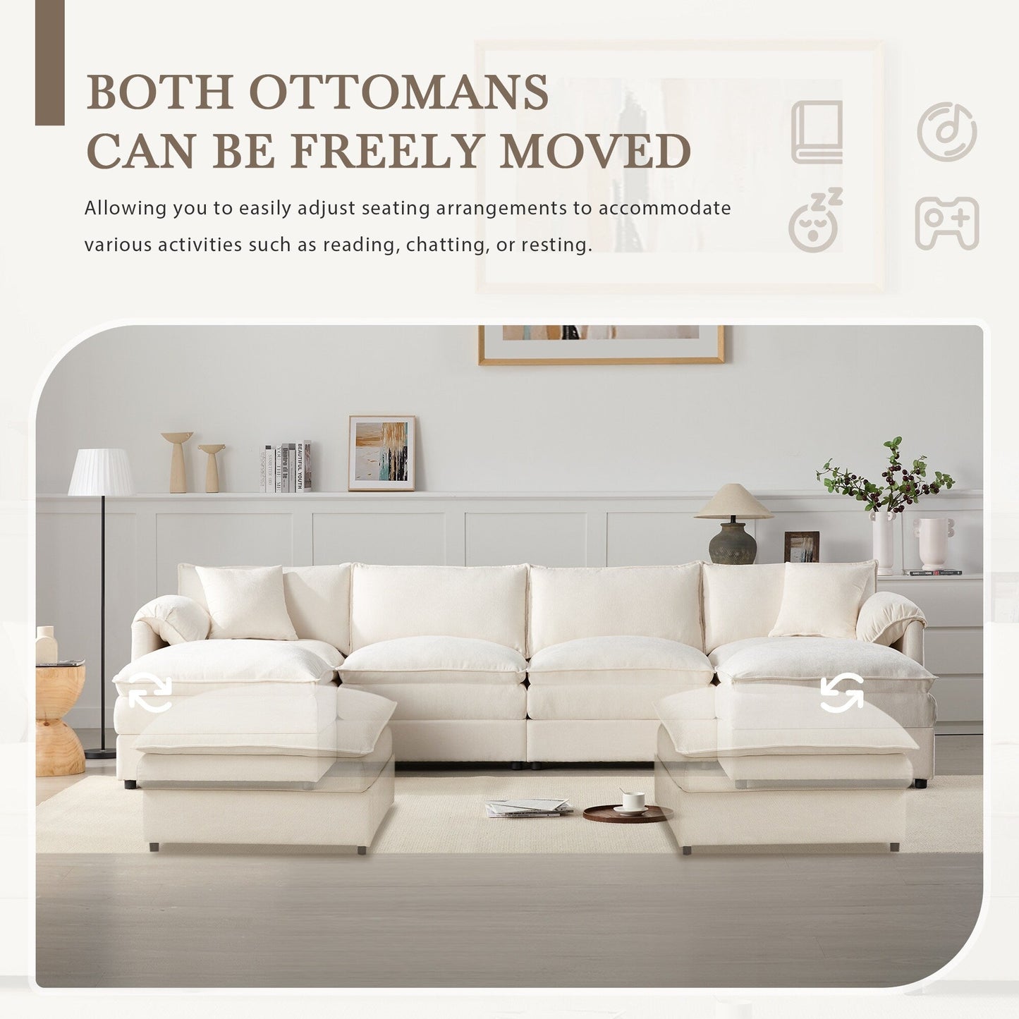 Chenille Modular Sectional Sofa,U Shaped Cloud Couch Set With Double Cushions,6 Seat Sofa With Movable Ottomans