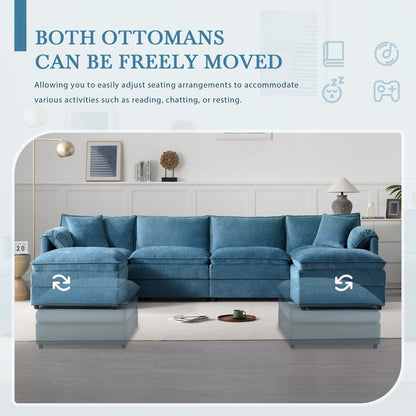 Chenille Modular Sectional Sofa,U Shaped Cloud Couch Set With Double Cushions,6 Seat Sofa With Movable Ottomans