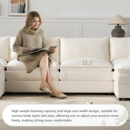Chenille Modular Sectional Sofa,U Shaped Cloud Couch Set With Double Cushions,6 Seat Sofa With Movable Ottomans