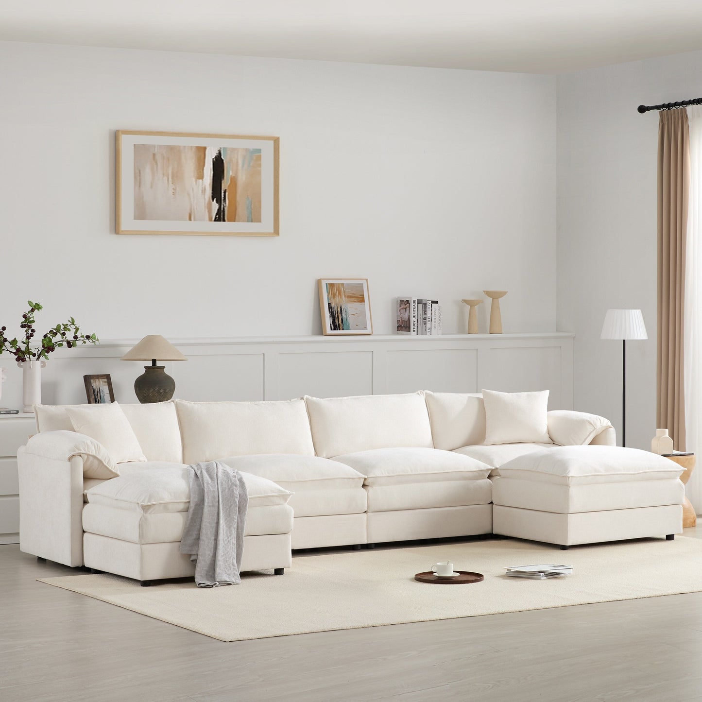 Chenille Modular Sectional Sofa,U Shaped Cloud Couch Set With Double Cushions,6 Seat Sofa With Movable Ottomans