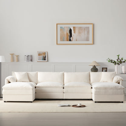 Chenille Modular Sectional Sofa,U Shaped Cloud Couch Set With Double Cushions,6 Seat Sofa With Movable Ottomans