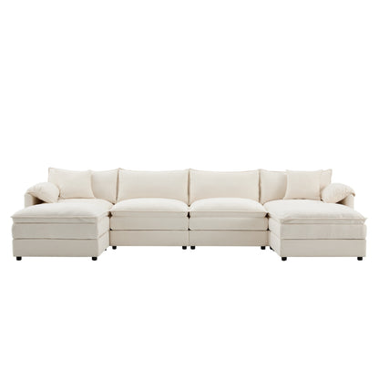 Chenille Modular Sectional Sofa,U Shaped Cloud Couch Set With Double Cushions,6 Seat Sofa With Movable Ottomans