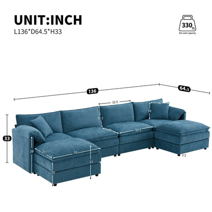 Chenille Modular Sectional Sofa,U Shaped Cloud Couch Set With Double Cushions,6 Seat Sofa With Movable Ottomans