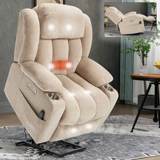 Chenille Power Lift Recliner 8 Point Vibration Massage Chair with Waist Heating, USB Ports and Stainless Steel Cup Holder