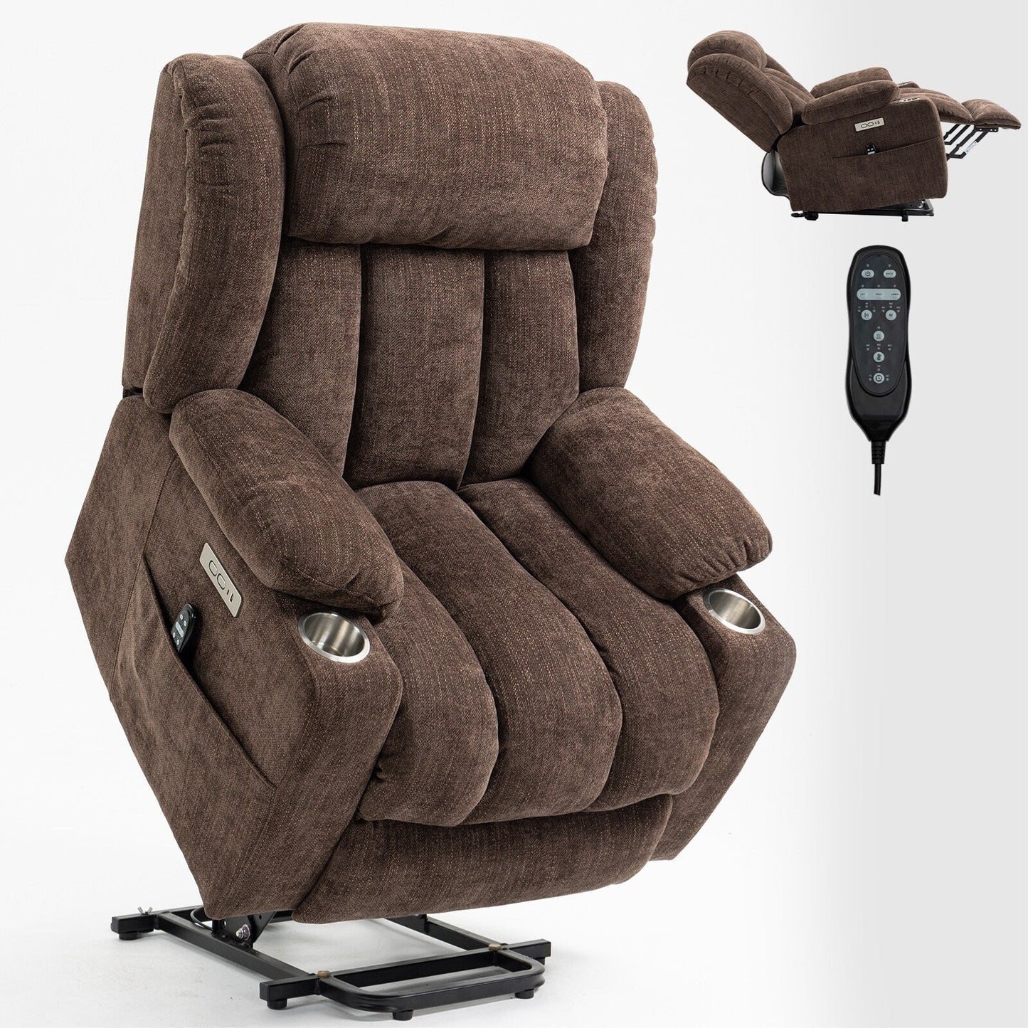 Chenille Power Lift Recliner 8 Point Vibration Massage Chair with Waist Heating, USB Ports and Stainless Steel Cup Holder