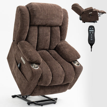 Chenille Power Lift Recliner 8 Point Vibration Massage Chair with Waist Heating, USB Ports and Stainless Steel Cup Holder