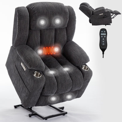 Chenille Power Lift Recliner 8 Point Vibration Massage Chair with Waist Heating, USB Ports and Stainless Steel Cup Holder