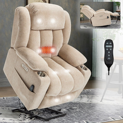 Chenille Power Lift Recliner 8 Point Vibration Massage Chair with Waist Heating, USB Ports and Stainless Steel Cup Holder