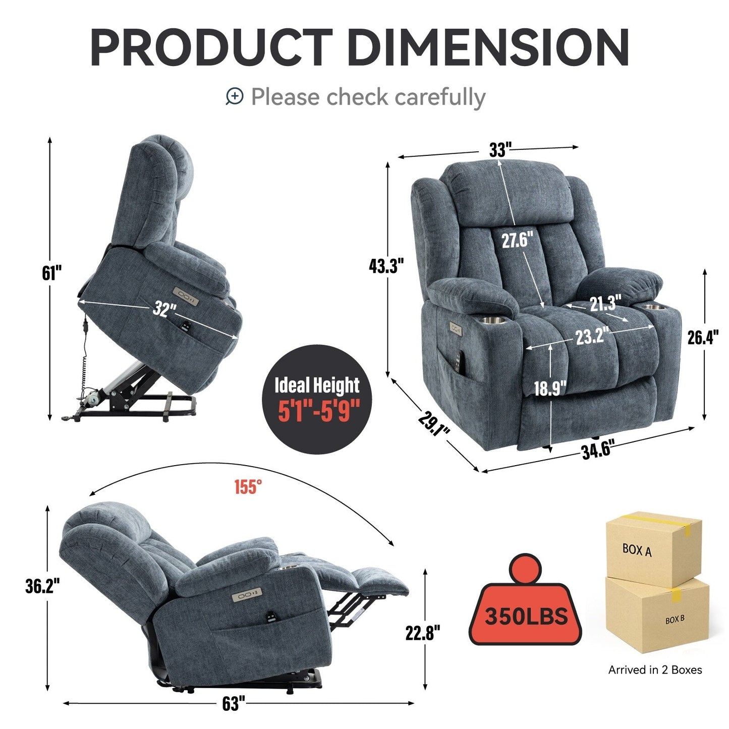 Chenille Power Lift Recliner 8 Point Vibration Massage Chair with Waist Heating, USB Ports and Stainless Steel Cup Holder
