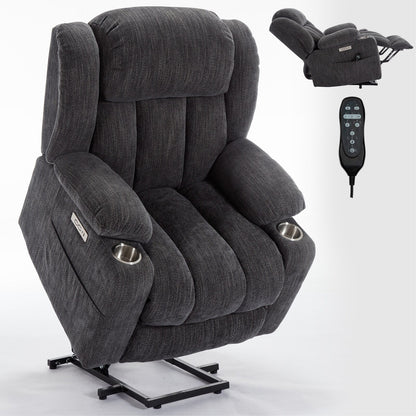 Chenille Power Lift Recliner 8 Point Vibration Massage Chair with Waist Heating, USB Ports and Stainless Steel Cup Holder