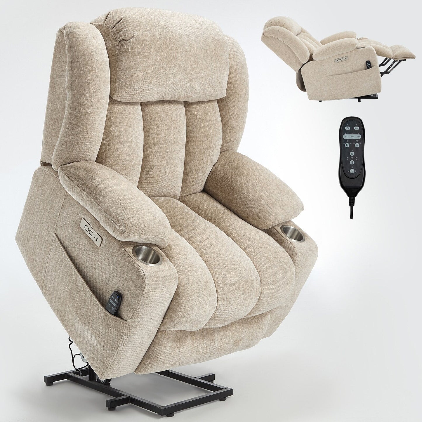 Chenille Power Lift Recliner 8 Point Vibration Massage Chair with Waist Heating, USB Ports and Stainless Steel Cup Holder