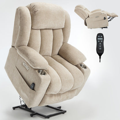 Chenille Power Lift Recliner 8 Point Vibration Massage Chair with Waist Heating, USB Ports and Stainless Steel Cup Holder
