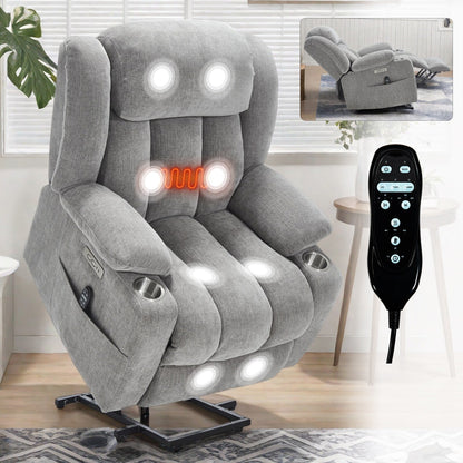 Chenille Power Lift Recliner 8 Point Vibration Massage Chair with Waist Heating, USB Ports and Stainless Steel Cup Holder
