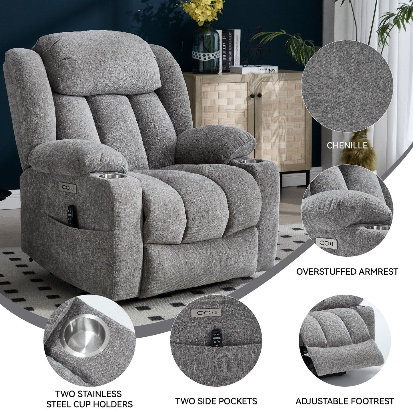Chenille Power Lift Recliner 8 Point Vibration Massage Chair with Waist Heating, USB Ports and Stainless Steel Cup Holder