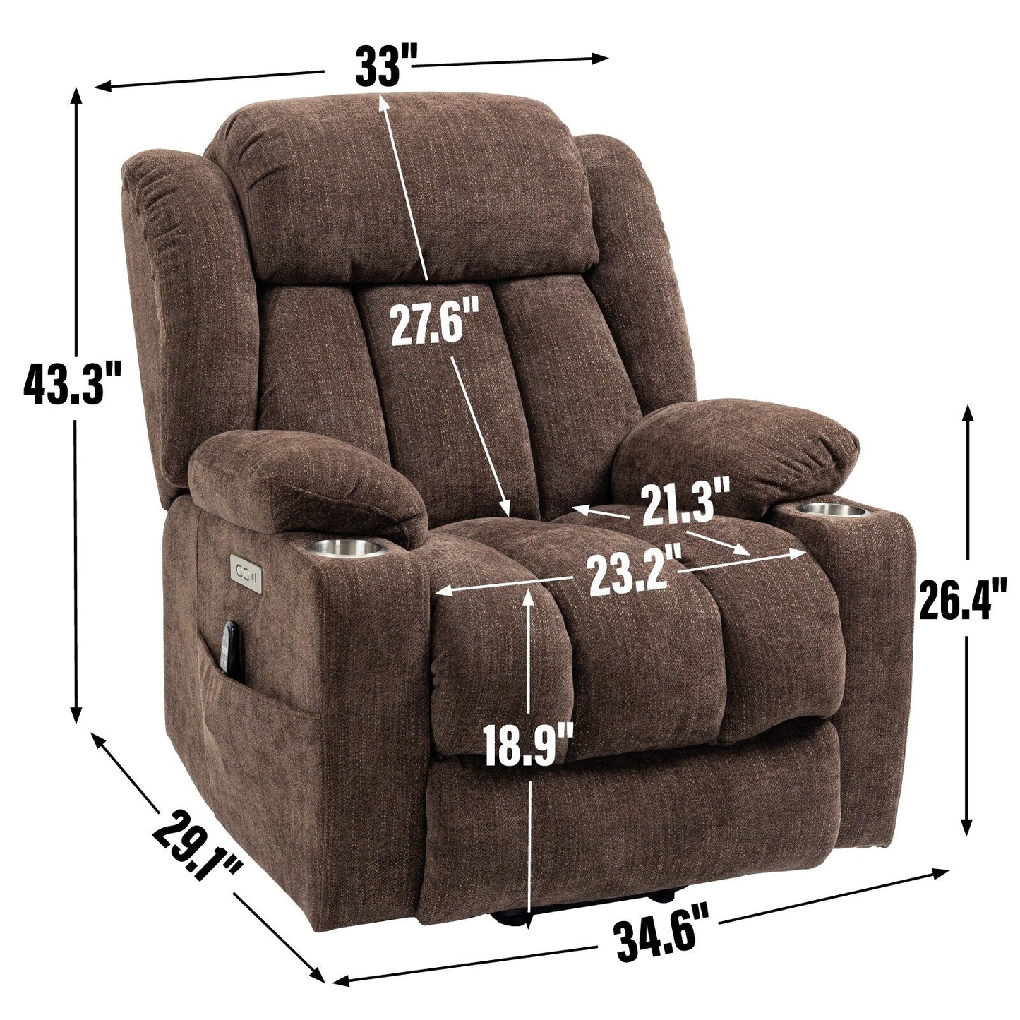Chenille Power Lift Recliner 8 Point Vibration Massage Chair with Waist Heating, USB Ports and Stainless Steel Cup Holder
