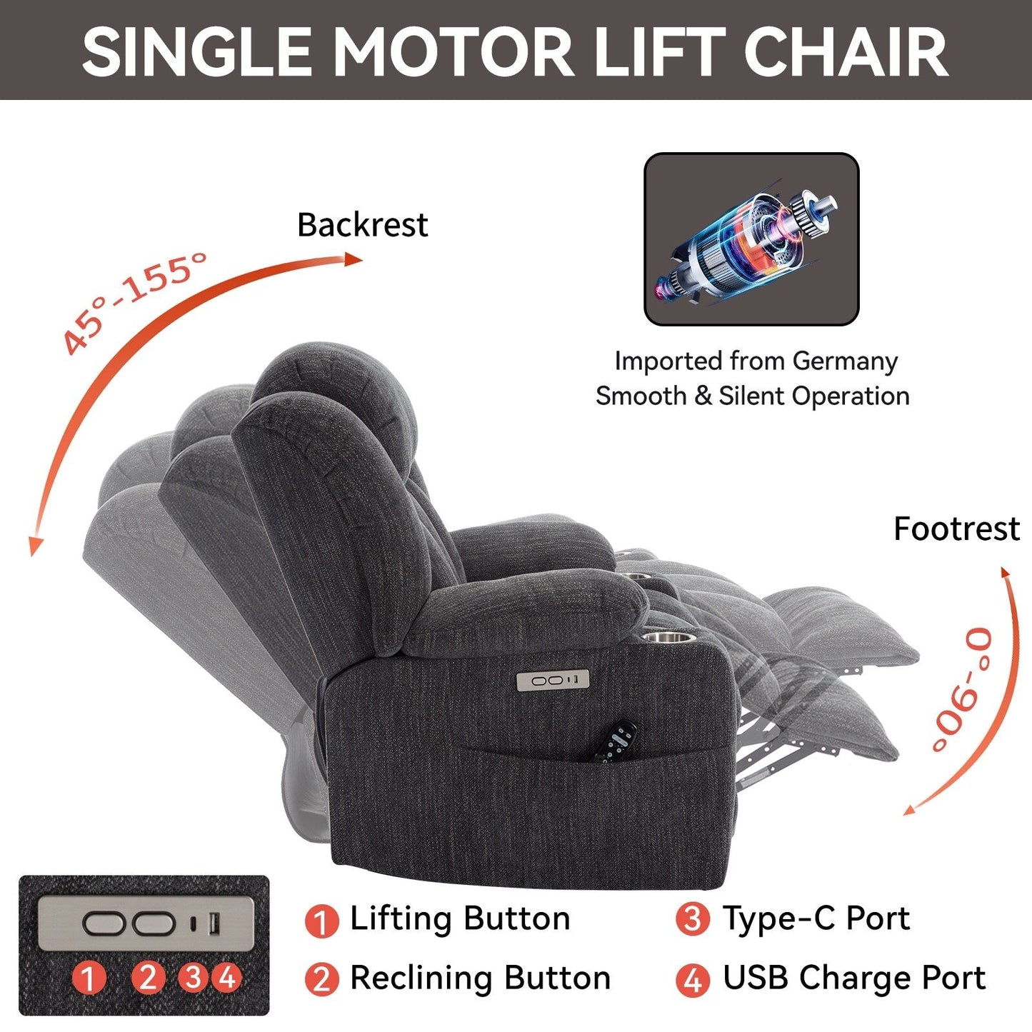 Chenille Power Lift Recliner 8 Point Vibration Massage Chair with Waist Heating, USB Ports and Stainless Steel Cup Holder