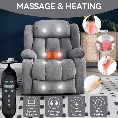 Chenille Power Lift Recliner 8 Point Vibration Massage Chair with Waist Heating, USB Ports and Stainless Steel Cup Holder