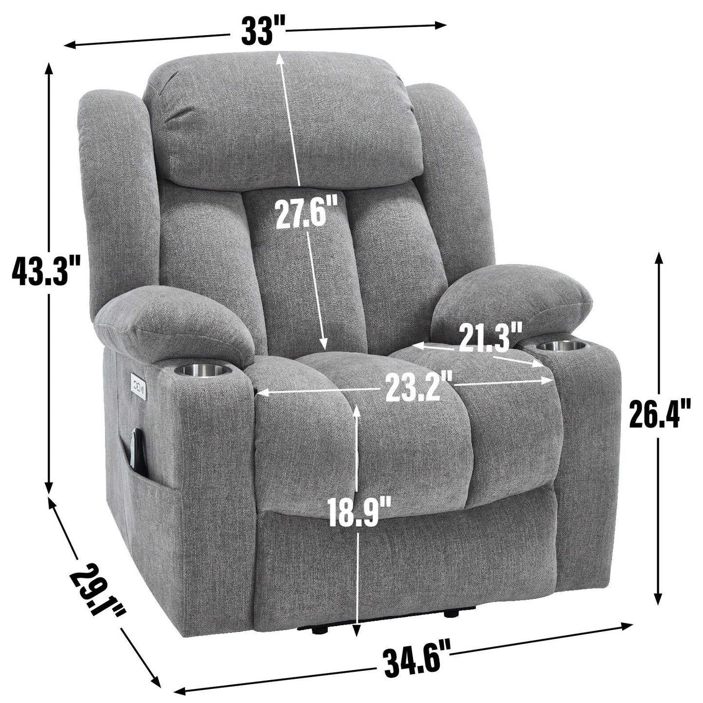 Chenille Power Lift Recliner 8 Point Vibration Massage Chair with Waist Heating, USB Ports and Stainless Steel Cup Holder