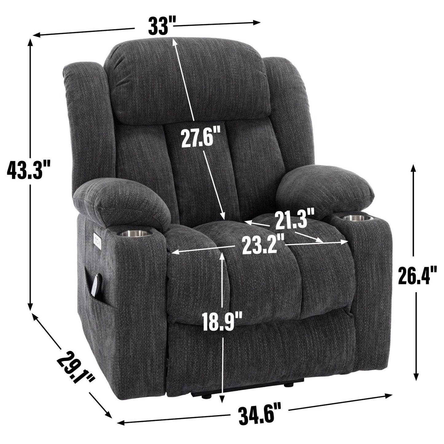 Chenille Power Lift Recliner 8 Point Vibration Massage Chair with Waist Heating, USB Ports and Stainless Steel Cup Holder