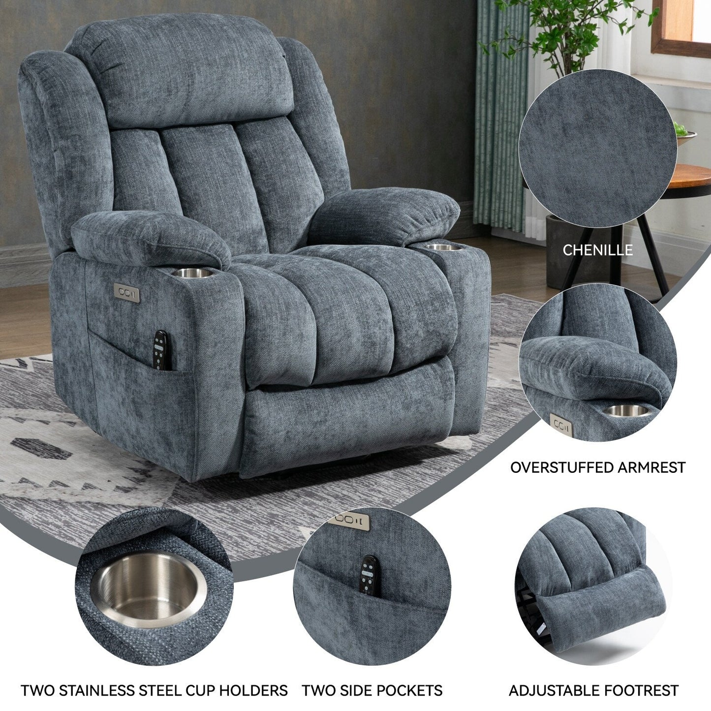 Chenille Power Lift Recliner 8 Point Vibration Massage Chair with Waist Heating, USB Ports and Stainless Steel Cup Holder