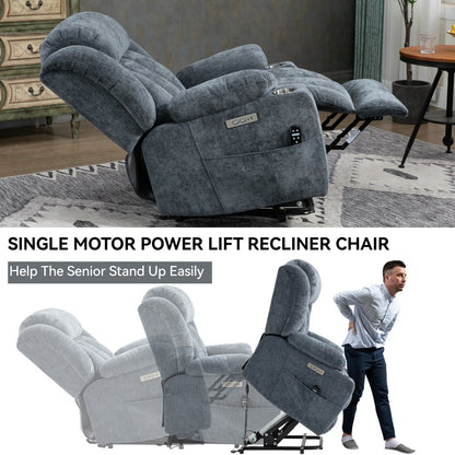 Chenille Power Lift Recliner 8 Point Vibration Massage Chair with Waist Heating, USB Ports and Stainless Steel Cup Holder