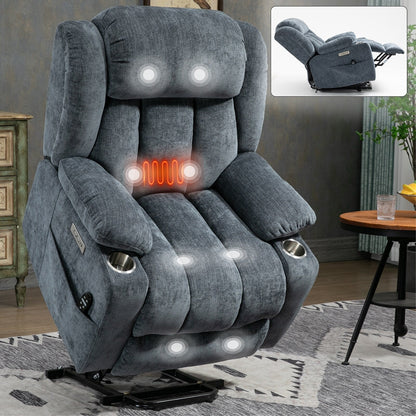 Chenille Power Lift Recliner 8 Point Vibration Massage Chair with Waist Heating, USB Ports and Stainless Steel Cup Holder
