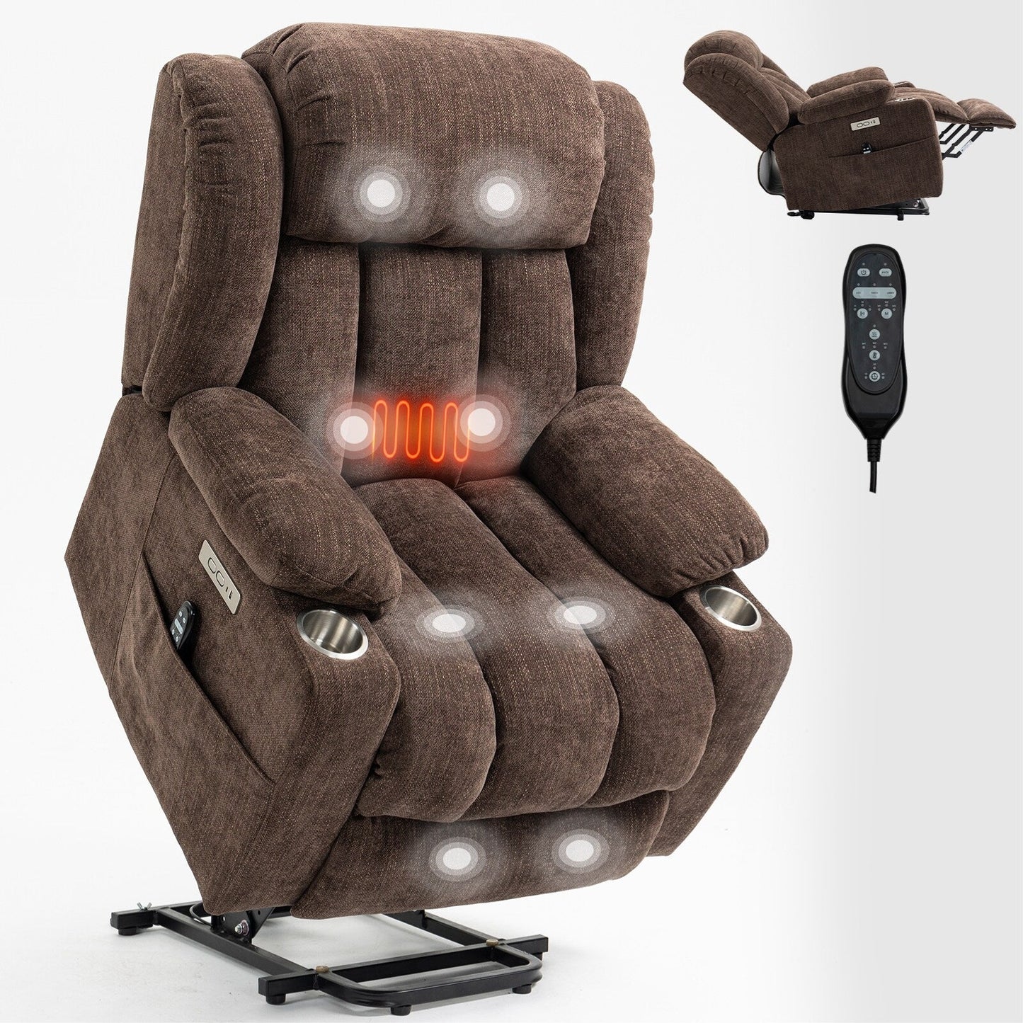Chenille Power Lift Recliner 8 Point Vibration Massage Chair with Waist Heating, USB Ports and Stainless Steel Cup Holder