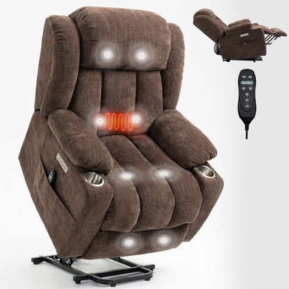Chenille Power Lift Recliner 8 Point Vibration Massage Chair with Waist Heating, USB Ports and Stainless Steel Cup Holder