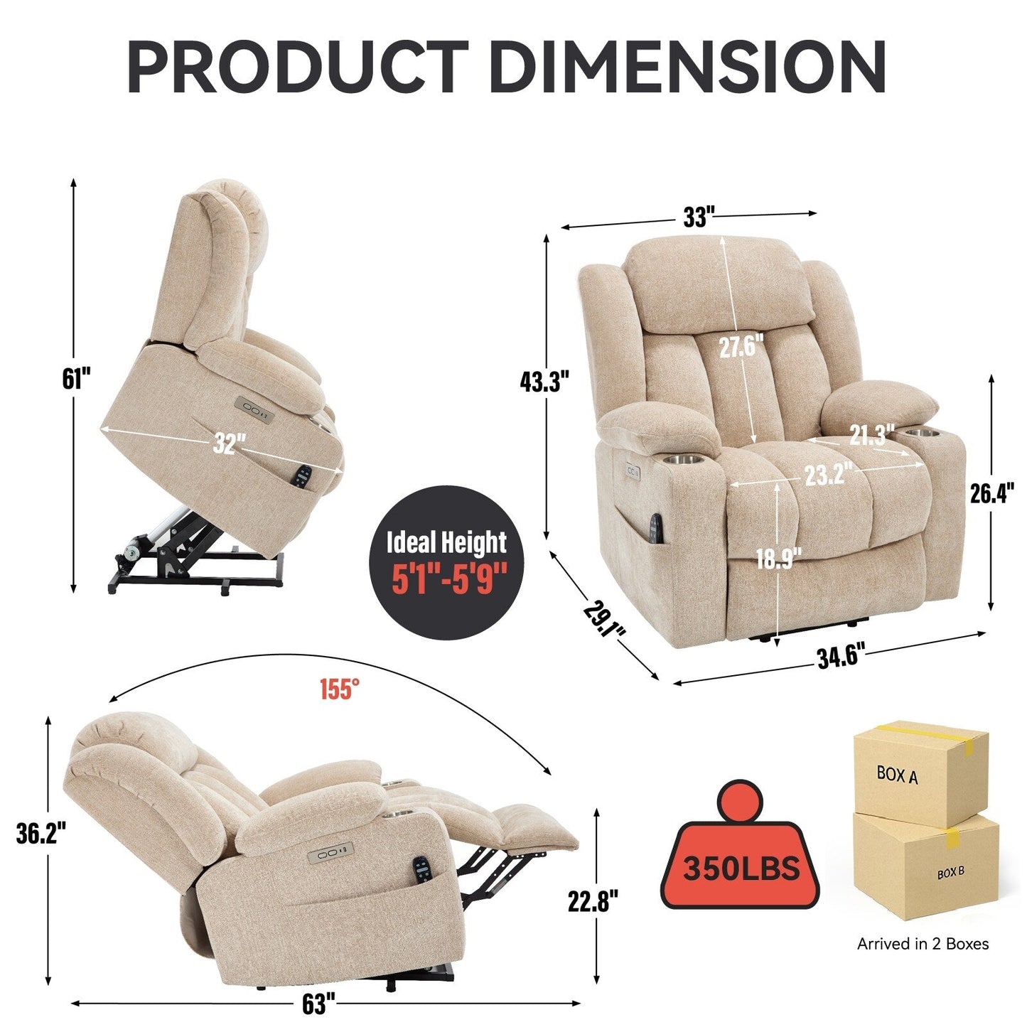 Chenille Power Lift Recliner 8 Point Vibration Massage Chair with Waist Heating, USB Ports and Stainless Steel Cup Holder