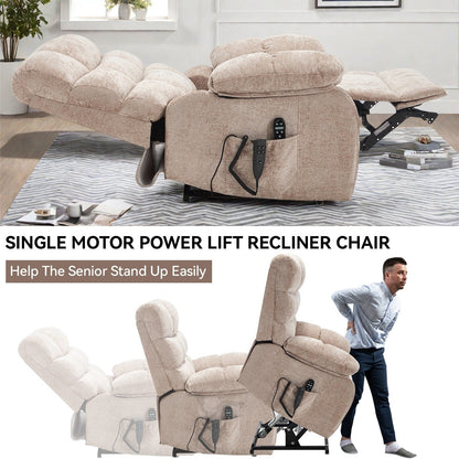 Chenille Power Lift Recliner Chair for Big and Tall with Massage, Heat, Dual Motors, and 180° Recline
