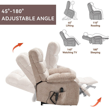 Chenille Power Lift Recliner Chair for Big and Tall with Massage, Heat, Dual Motors, and 180° Recline