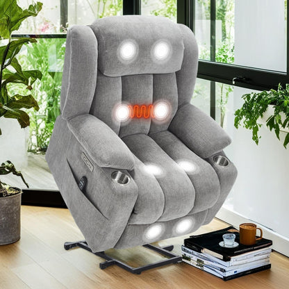 Chenille Power Lift Recliner Chair with Massage and Lumbar Heating, Dual Cup Holders