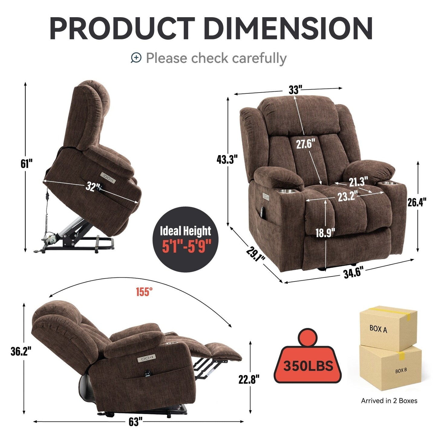 Chenille Power Lift Recliner Chair with Massage and Lumbar Heating, Dual Cup Holders
