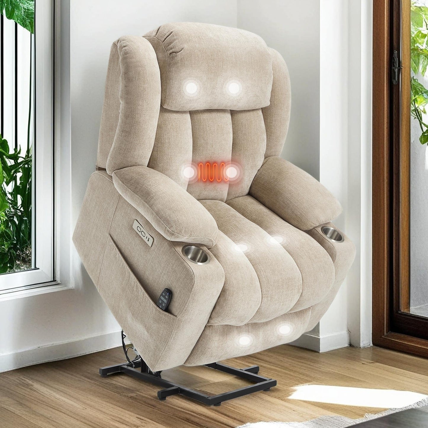 Chenille Power Lift Recliner Chair with Massage and Lumbar Heating, Dual Cup Holders