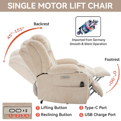 Chenille Power Lift Recliner Chair with Massage and Lumbar Heating, Dual Cup Holders