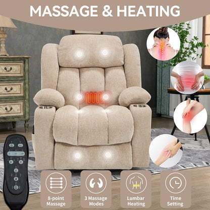 Chenille Power Lift Recliner Chair with Massage and Lumbar Heating, Dual Cup Holders
