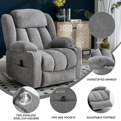 Chenille Power Lift Recliner Chair with Massage and Lumbar Heating, Dual Cup Holders