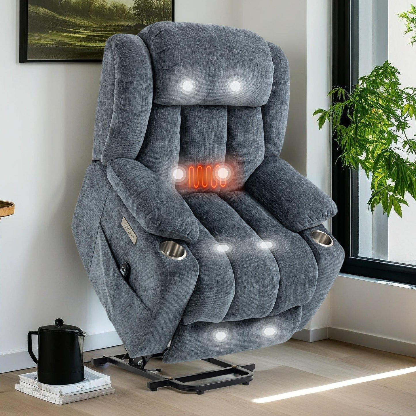 Chenille Power Lift Recliner Chair with Massage and Lumbar Heating, Dual Cup Holders