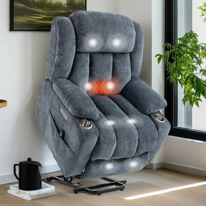 Chenille Power Lift Recliner Chair with Massage and Lumbar Heating, Dual Cup Holders