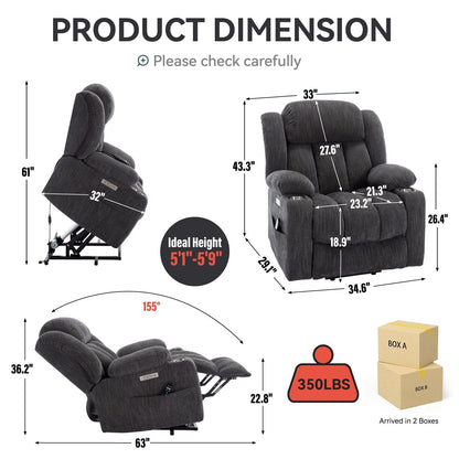 Chenille Power Lift Recliner Chair with Massage and Lumbar Heating, Dual Cup Holders