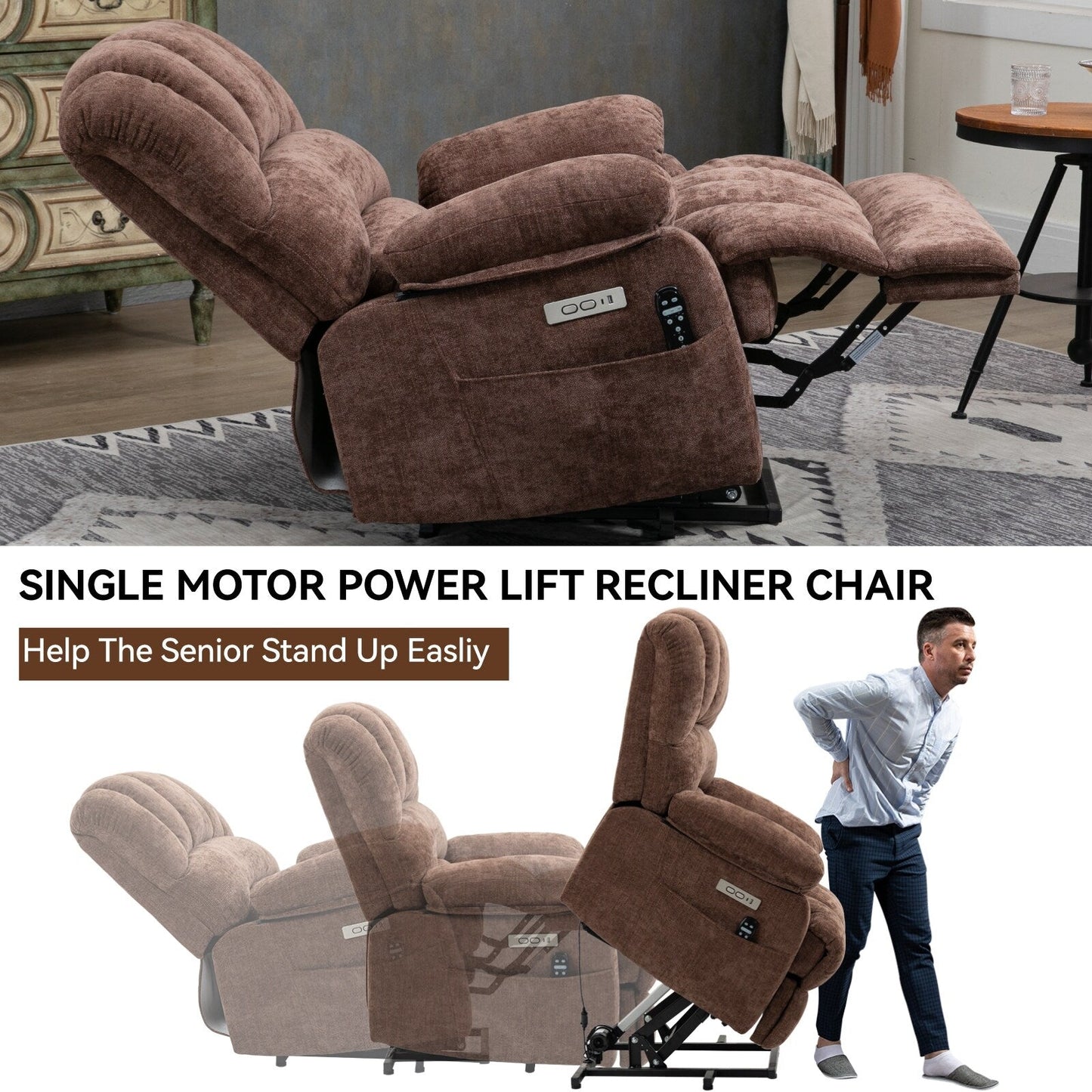 Chenille Power Lift Recliner with Massage Heat, USB,Max 155Â° Reclining