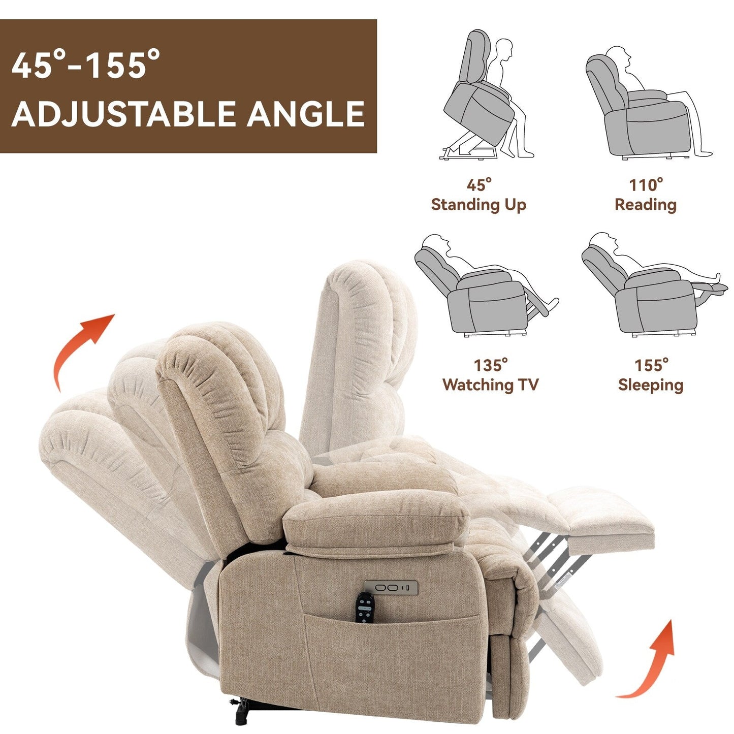 Chenille Power Lift Recliner with Massage Heat, USB,Max 155Â° Reclining