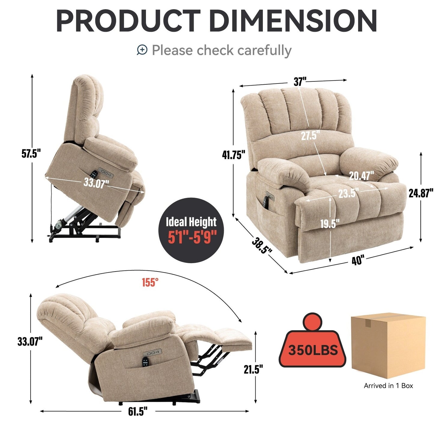 Chenille Power Lift Recliner with Massage Heat, USB,Max 155Â° Reclining