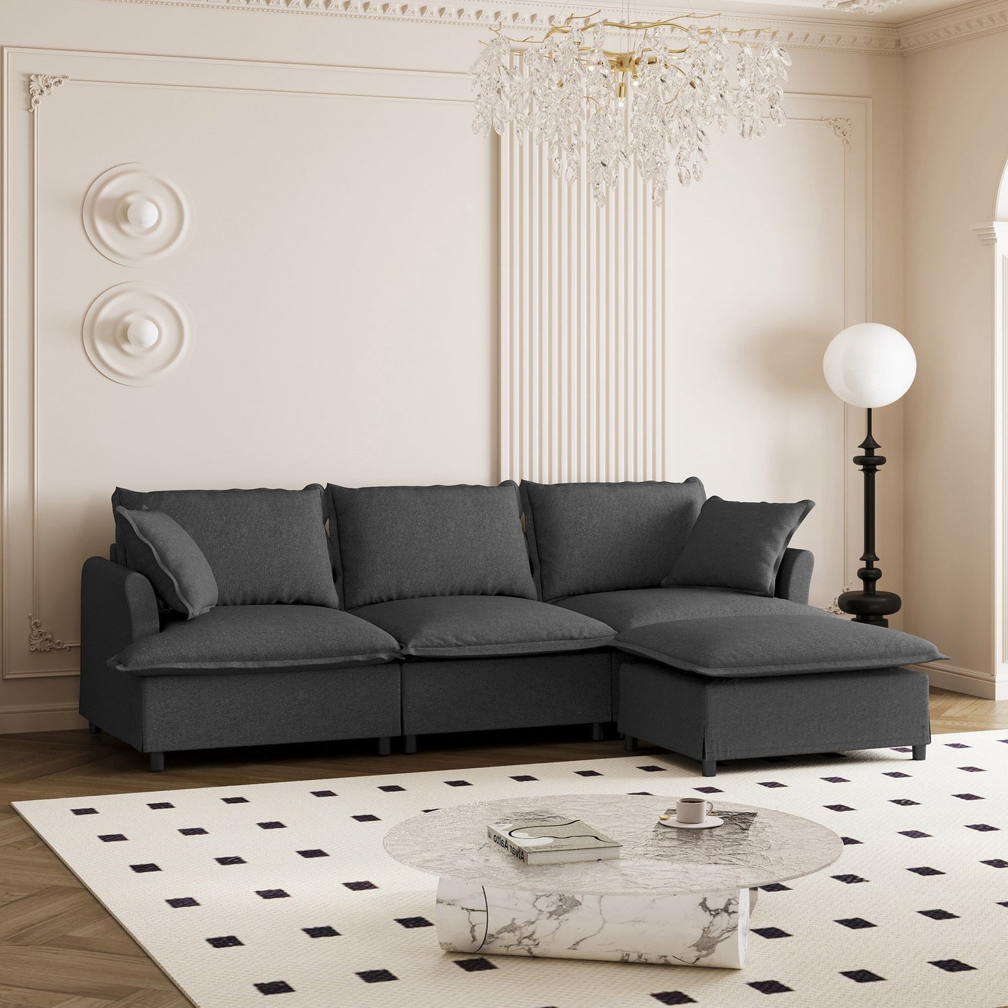Chenille Sectional Sofa With Ottoman,L Shaped Cloud Couch Set With Throw Pillows,Free Combination,4 Seat Modular Upholstered