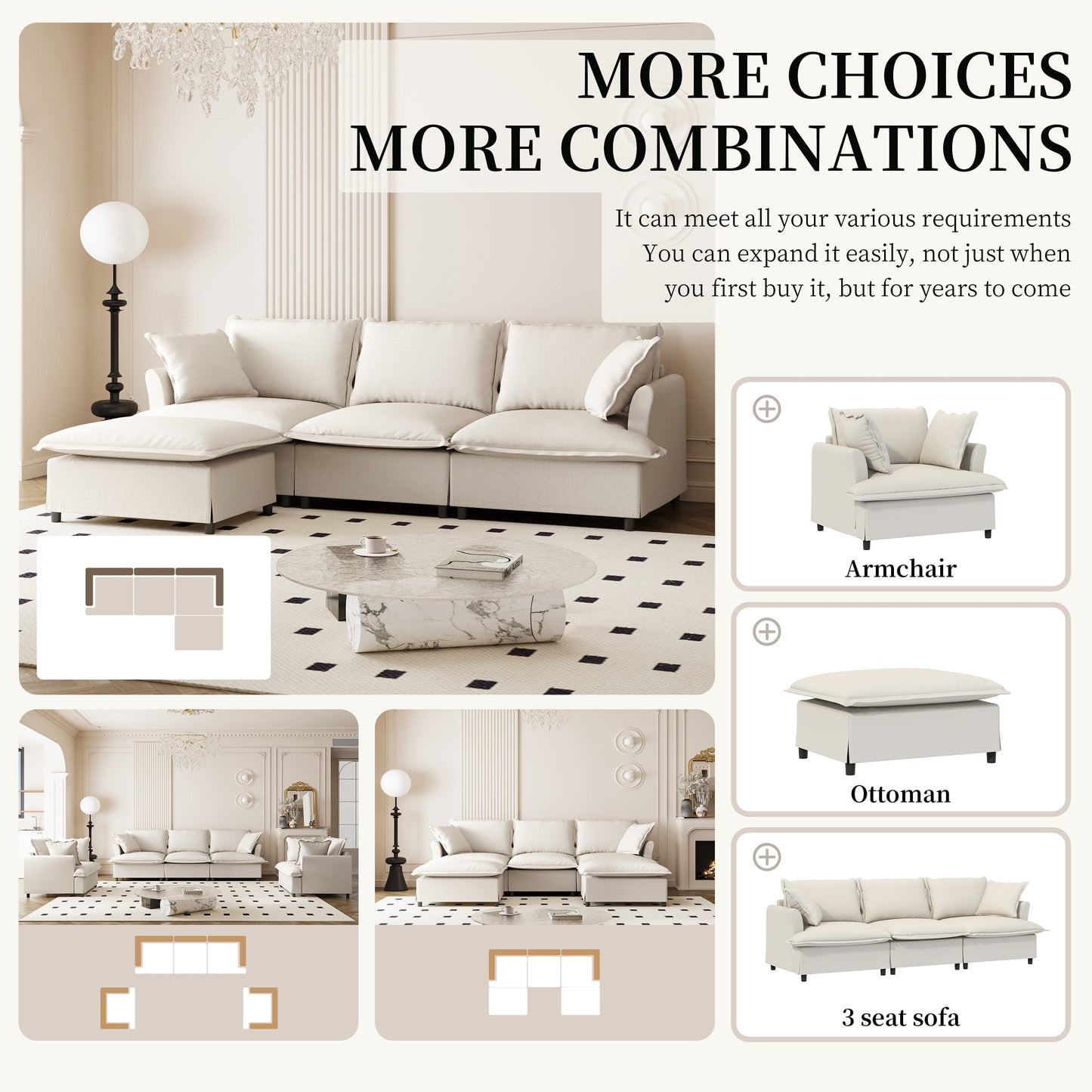 Chenille Sectional Sofa With Ottoman,L Shaped Cloud Couch Set With Throw Pillows,Free Combination,4 Seat Modular Upholstered