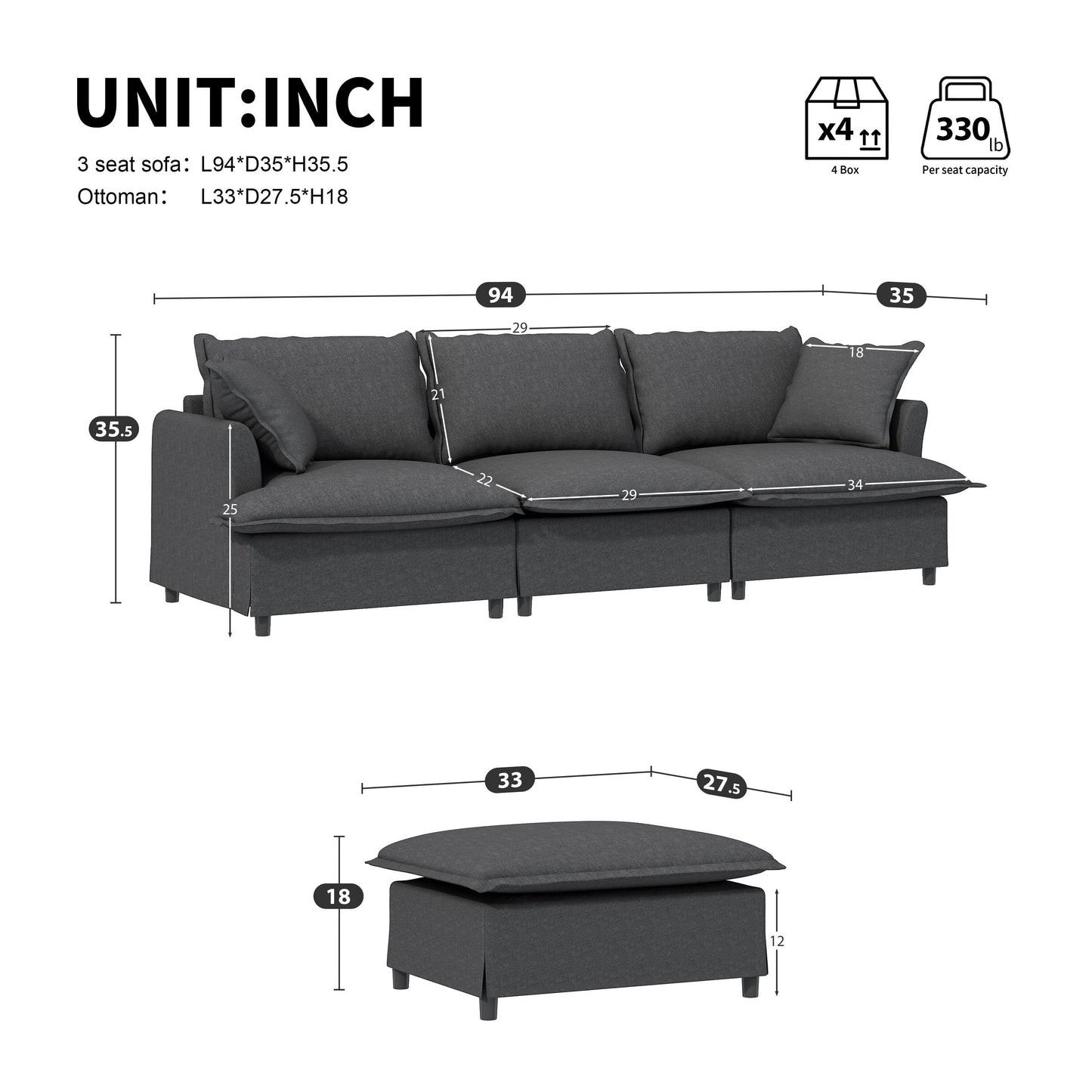 Chenille Sectional Sofa With Ottoman,L Shaped Cloud Couch Set With Throw Pillows,Free Combination,4 Seat Modular Upholstered